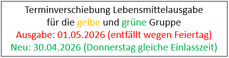 Terminverschiebung Lebensmittelausgabe 01.05.2026 (Tag der Arbeit)